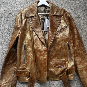 Palm Angels City Leather Gold Laminated Biker Jacket - Size 50 IT / US L